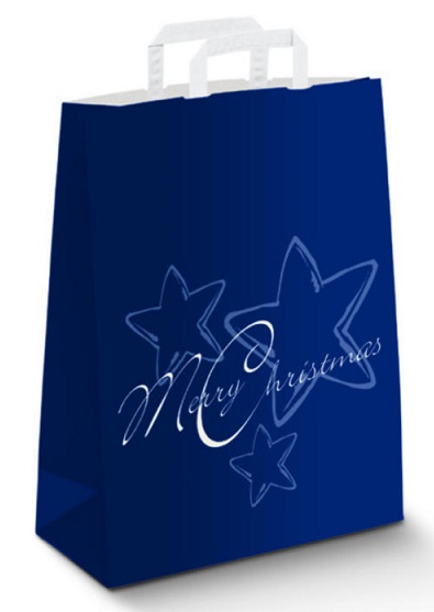Пакет Новогодний синий со звеждами, плоские ручки белого цвета
